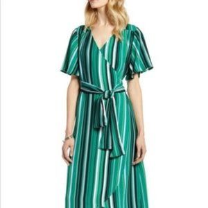 Halogen | Green Striped Midi Wrap Dress